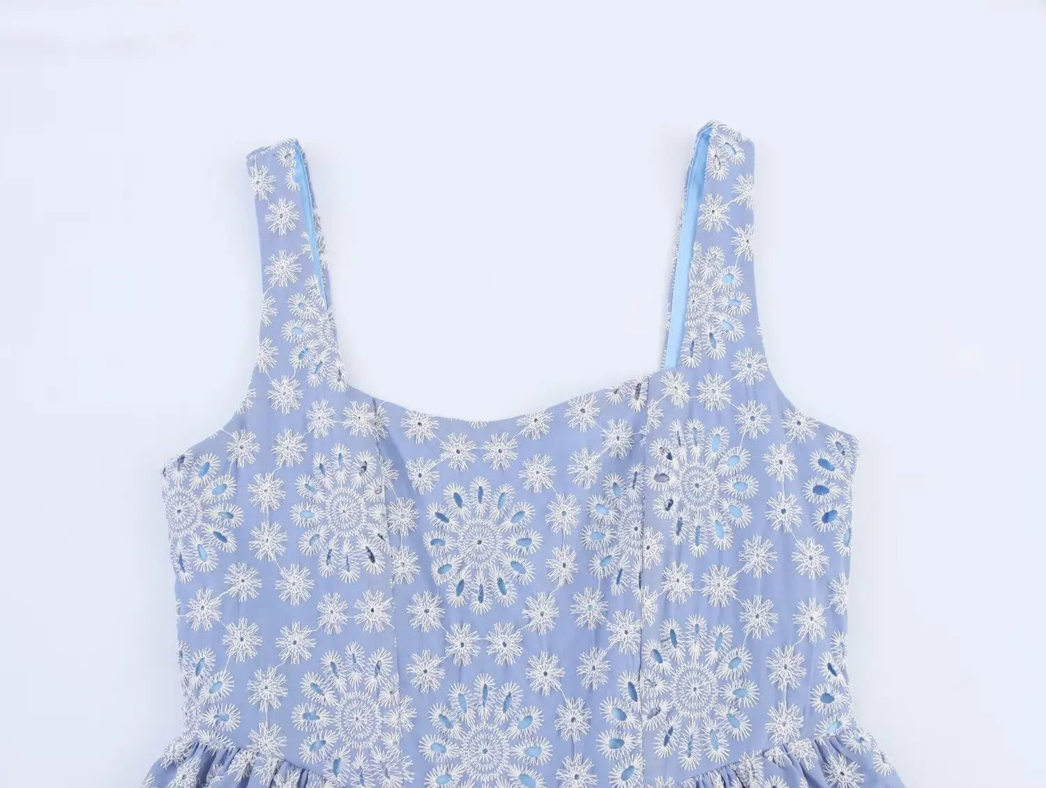 Flower Embroidery Blue Sweet Short Dress 2025 New Square Collor A-line Zipper Fashion Summer Dress Fashion Beach Woman Clothing voguable