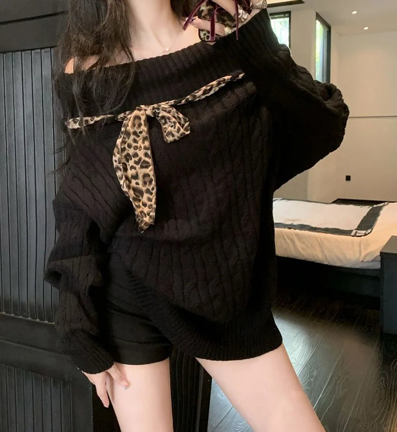 Sexy Off Shoulder Y2K Sweater Women Vintage Leopard Lace Up Knitted Jumper Casual Lazy Wind Long Sleeve Slash Neck Pullover voguable