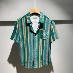 Voguable  Light Luxury Fashion Contrasting Striped Splicing Shirt Summer Fashion Men's Casual Versatile Handsome Short-sleeved Shirt voguable