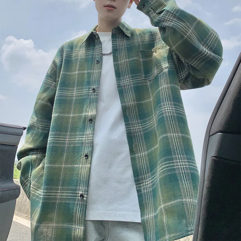 Autumn Long Sleeved Shirt Men Fashion Retro Plaid Shirt Men Japanese Streetwear Hip-hop Loose Casual Shirts For Men Large Sizes voguable