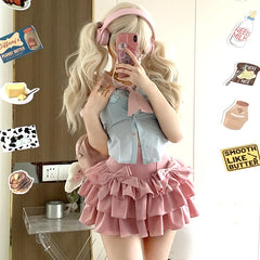 Voguable  Kawaii Y2K Women 2 Pieces Sets Sweet Sexy Slim Sailor Collar Shirts Pink Mini Skirts Elegant Lolita Outfits Summer New voguable