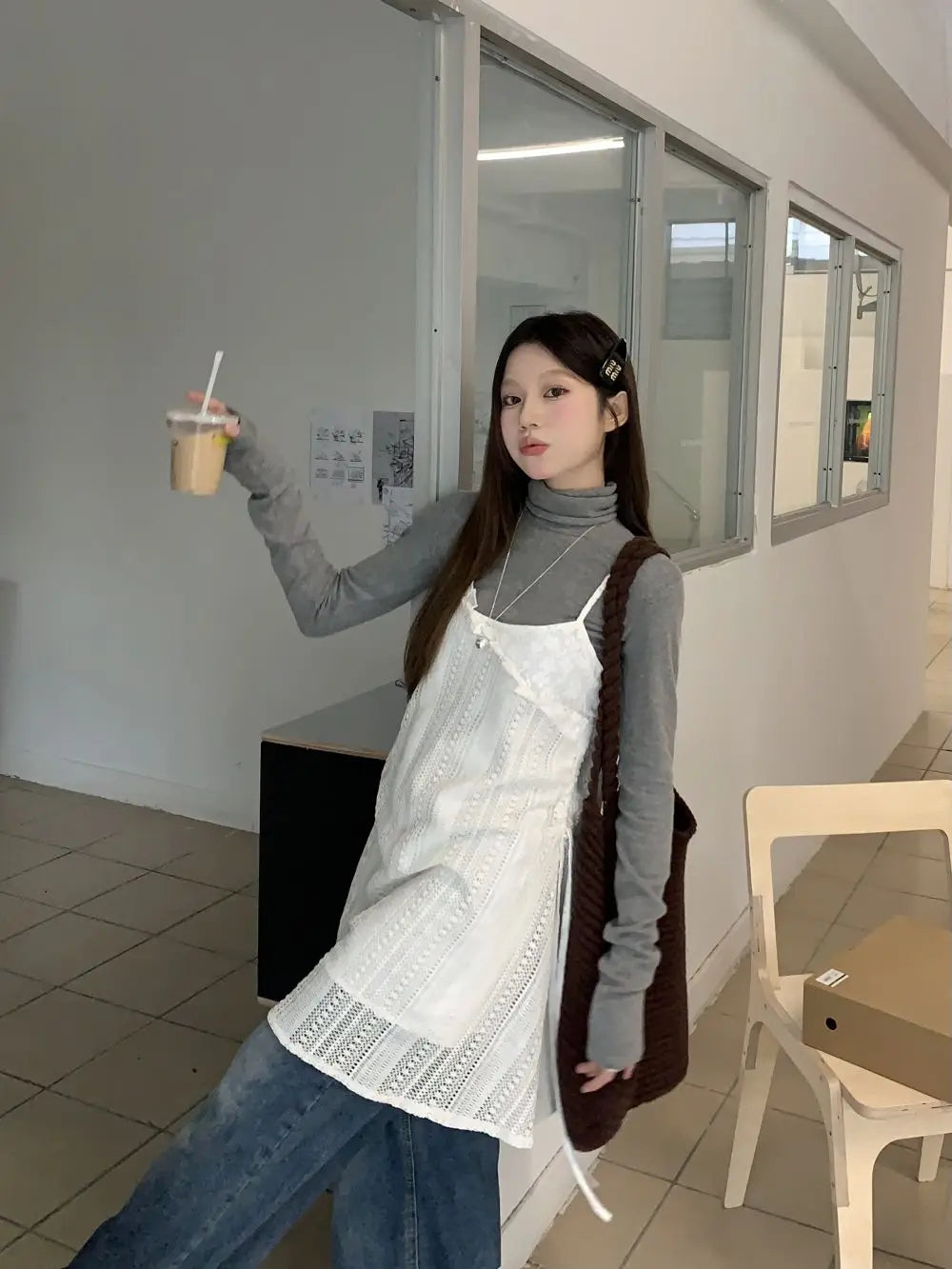 Voguable 2024 Spring New Korean Hollow Loose Casual Asymmetric Lace Sling Dress Women + Solid Color Long-sleeved T-shirt Two-piece Suit voguable