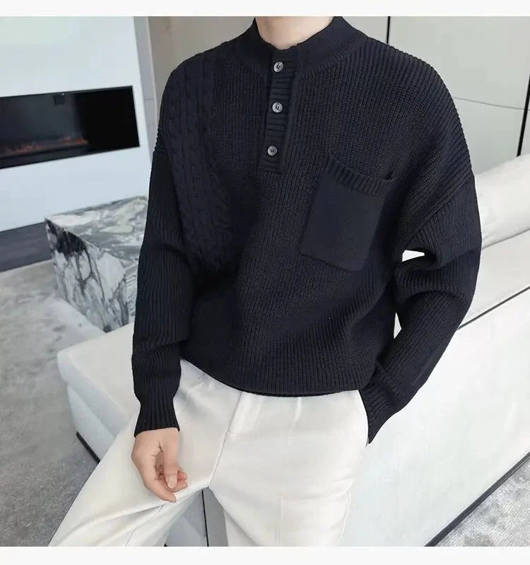 Korean Popular Men's Henry Collar Sweater Light Luxury Knit Long Sleeve Button Pullover Trending Jacquarded Solid Color Knitwear voguable