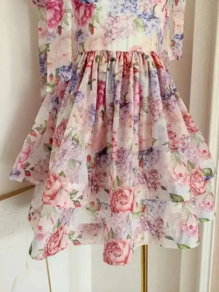 Fashion Women Dress Full Sleeve Square Collar Print Lace Up Bow Female Party Dress New Tide voguable