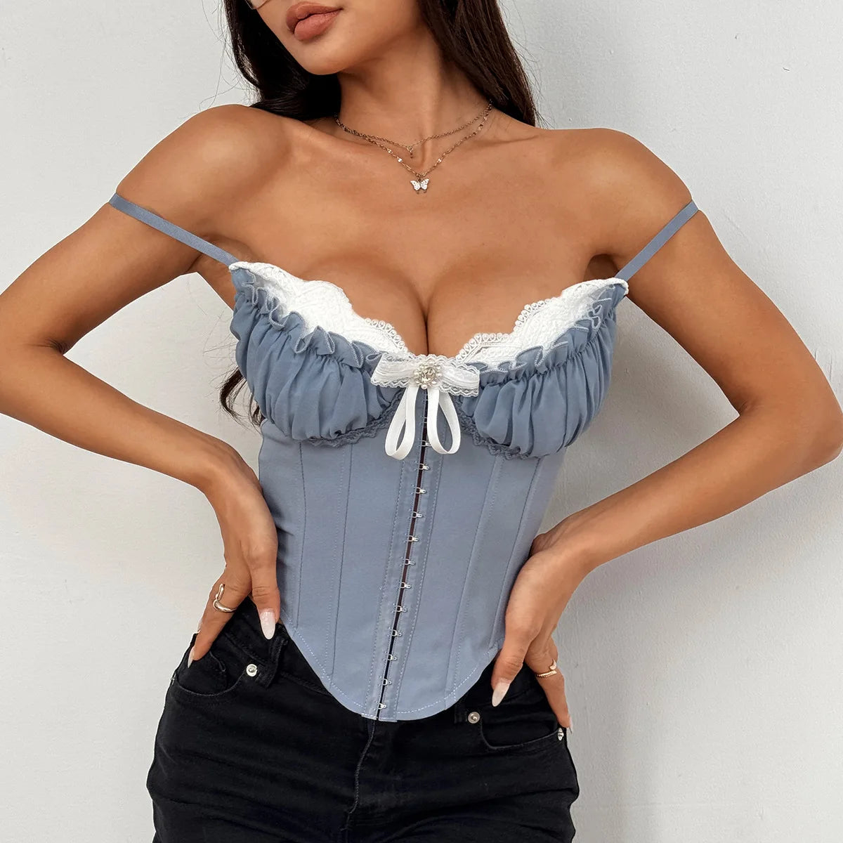 Sexy V Neck Y2K Crop Tops Lace Patchwork Pleated Bowknot Corset Top  Sexy Backless Slim Camisole Body Shape Fishbone Bustier voguable