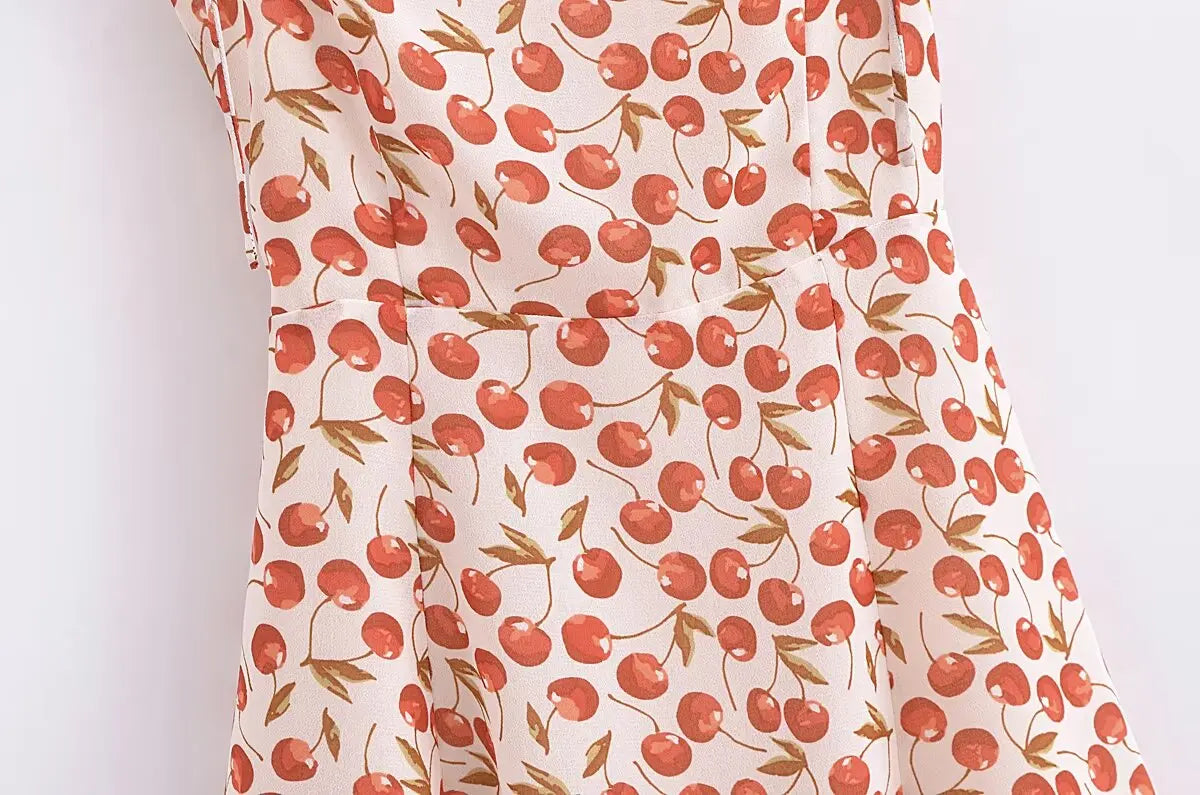 Voguable French Vintage Cherry Print Sling Dress Women Sexy Spaghetti Strap A-line Short Chiffon Summer Dress Holiday Robe voguable