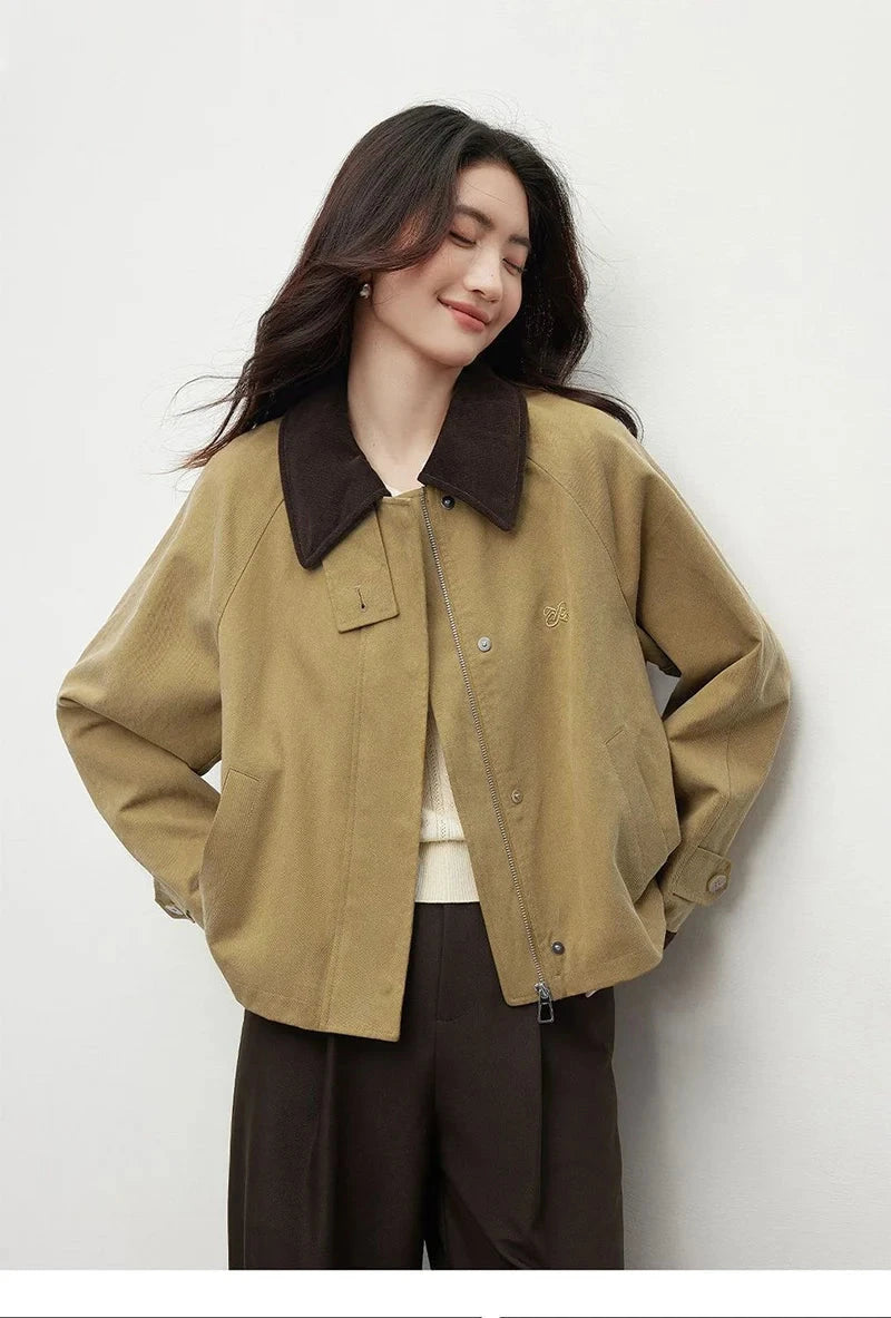 Vintage Casual Khaki Jacket Women Long Sleeve Patchwork High Quality Coat Korean All Match Women Fall Winter Embroidery Top voguable