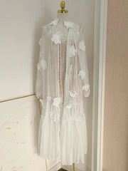 Solid Flower Embroidery Lace Up Dresses For Women Round Neck High Waist Long Sleeve Elegant Dress Summer 2025 voguable