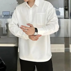 Elegant Fashion Harajuku Slim Fit Blusa Solid Button Pockets Thin Style Long Sleeve POLO Shirt Casual All Match Male Clothes voguable