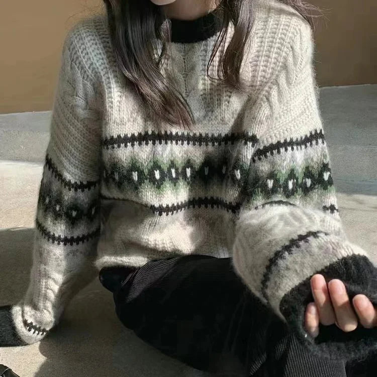 Pullovers Women Loose Vintage Jacquard Autumn Fashion O-neck Comfort Temper Sweater All-match Korean Style Casual Knitted Basic voguable