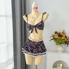 Voguable  Cute Floral Print Bikini Set Bow Front Spaghetti Strap Top with Lace Trim Ruffle Skirt Cover Up Bikinis Set Swimsuit for Women voguable