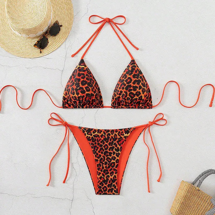 Voguable  Fashion Sexy Leopard Laced Up Bikini Women Split Swimsuit Beach Vacation Bikini All Season Backless Bikini 2 Piece Set voguable