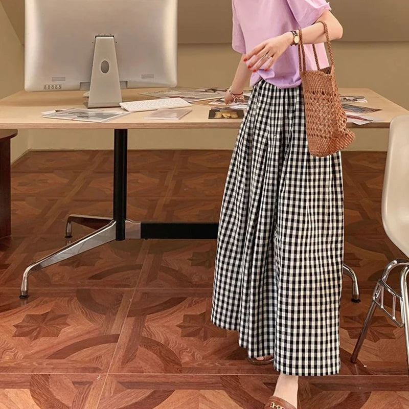 MEXZT Retro Plaid Wide Leg Pants Women Streetwear High Waist Drawstring Loose Casual Trousers Summer Korean All Match Skirt Pant voguable