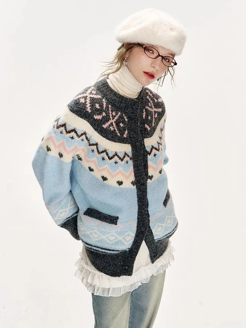 American Retro Print Cardigan Women Loose Lazy Wind Harajuku Knitted Sweater Casual Fall Winter Vintage O Neck Female Y2K Tops voguable