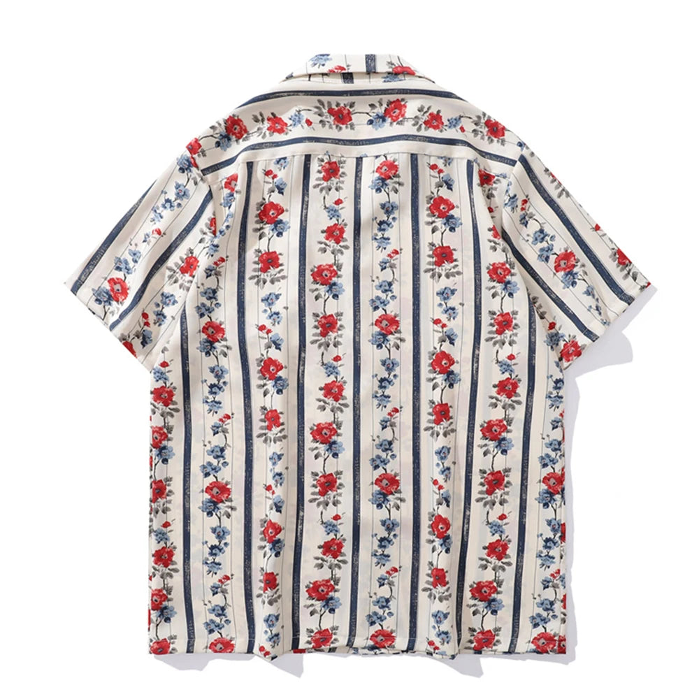 Striped Flower Tropic Hawaiian Shirts for Men Summer Retro Shirt Unisex Clothing voguable