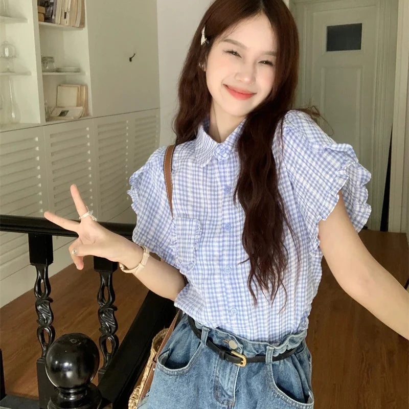 Korean Ruffles Short Sleeve Plaid Shirt Women Preppy Sweet Turn Down Collar Blouse female Summer chic Pocket Button blouse voguable