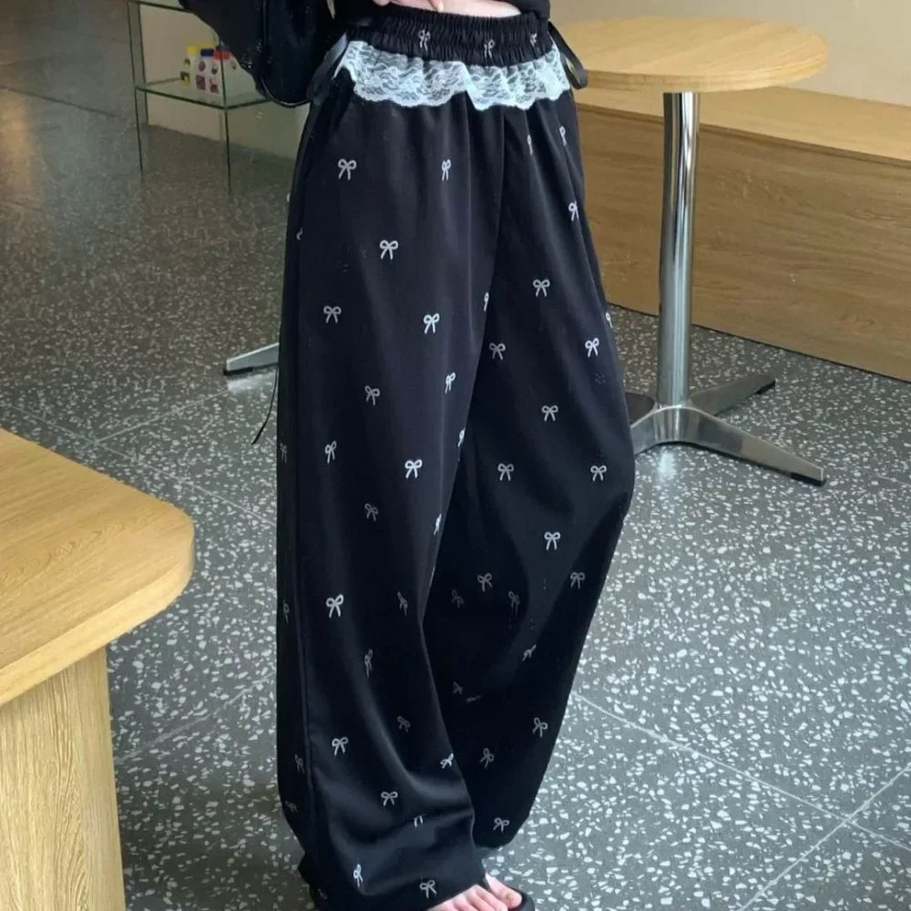Fashion Lace Patchwork Women Casual Pants Summer Loose Preppy Bow Print Jogging Pants High Waist All Match Straight Trousers voguable
