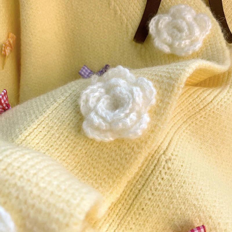 3D Floral Sweet Bow Cardigan Sweaters Women Preppy Style Loose V Neck Korean Knitted Jacket Casual Fashion Long Sleeve Fall Tops voguable
