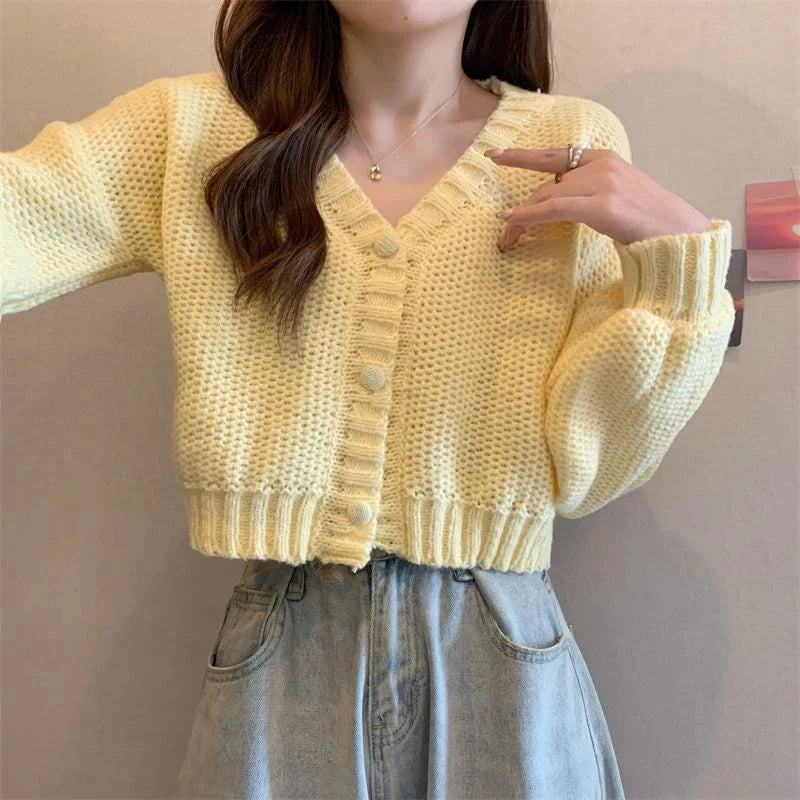 Sexy Cropped Sweet Cardigan Women V Neck Vintage Slim Long Sleeve Knitted Sweaters Korean Causal Simple Solid Lady Fall Tops New voguable