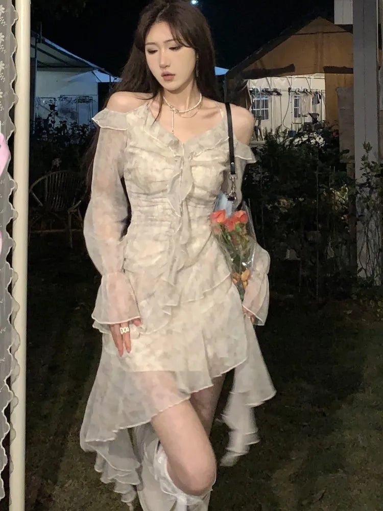 Voguable Y2K Ruffles Irregular Short Dress Women Summer New Tie Dye Flare Sleeves Spring Elegant Party Dress Prom Robe Halter Vestidos voguable