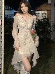 Voguable Y2K Ruffles Irregular Short Dress Women Summer New Tie Dye Flare Sleeves Spring Elegant Party Dress Prom Robe Halter Vestidos voguable