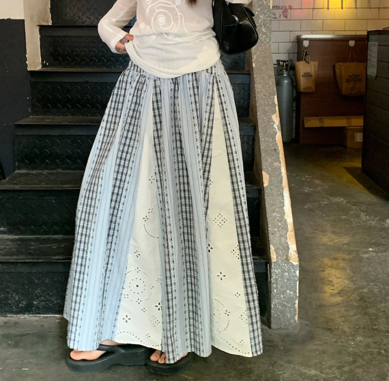 Sweet Lace Patchwork Long Skirts Women Korean Loose High Waist Skirt Casual Design Striped Plaid Elegant Female Skirts New voguable
