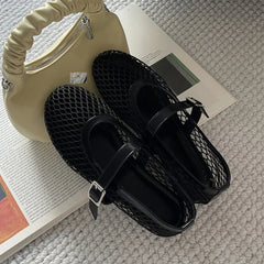 Voguable  Summer Designer Cosy Mesh Heels Women Flat Shoes Fashion Round Toe Buckle Strap Casual Outdoor Dress Sandals voguable