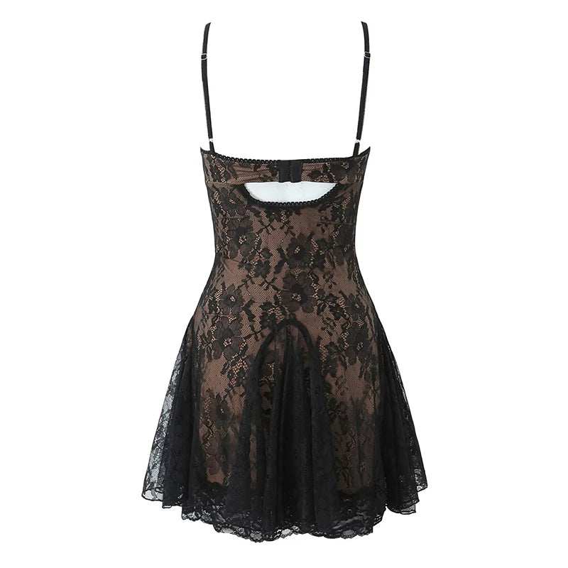 New Fashion Women Spaghetti Straps Lace Sexy Dresses Black Beige Backless Hollow Out A-line Mini Dress Night Out Robe voguable