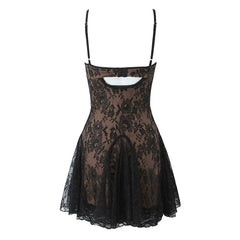 New Fashion Women Spaghetti Straps Lace Sexy Dresses Black Beige Backless Hollow Out A-line Mini Dress Night Out Robe voguable