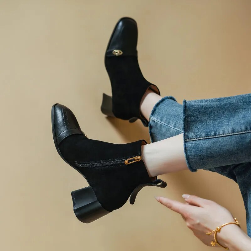 New Winter Women Boots Square Toe Chunky Heel Boots Genuine Leather Sheep Suede Leather Shoes for Women Retro Ankle Boots voguable
