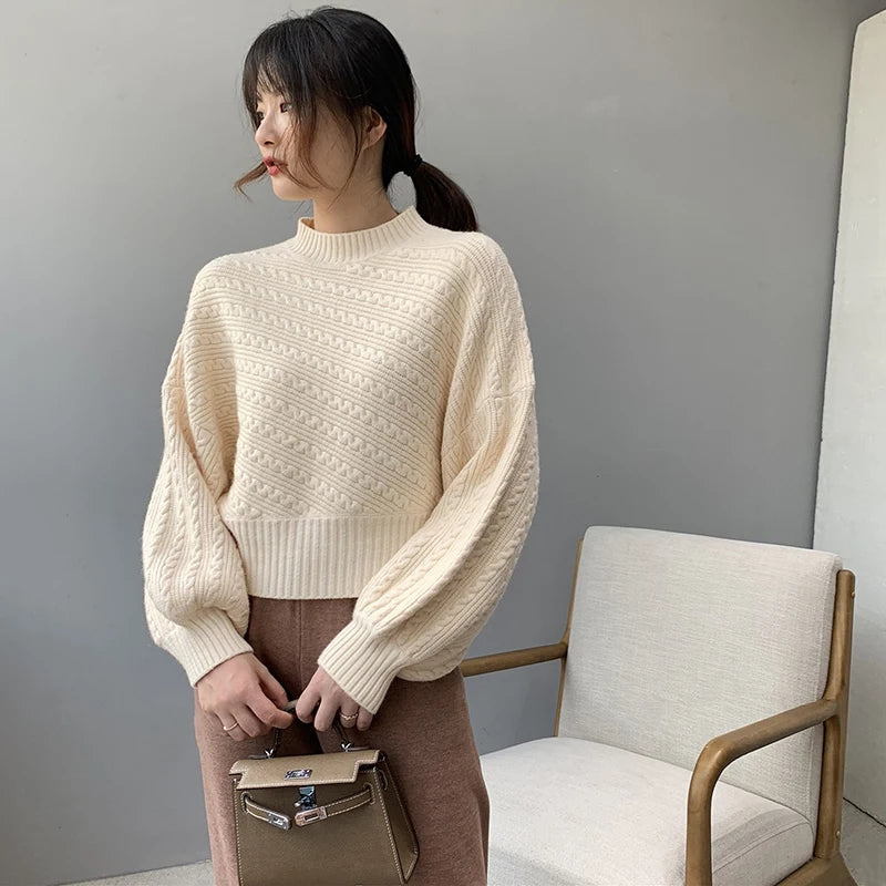 Fall Winter Thick Half Turtleneck Women Pullover Fashion Warm Lantern Sleeve Knitted Sweater Korean Loose Pure All-Match Jumper voguable
