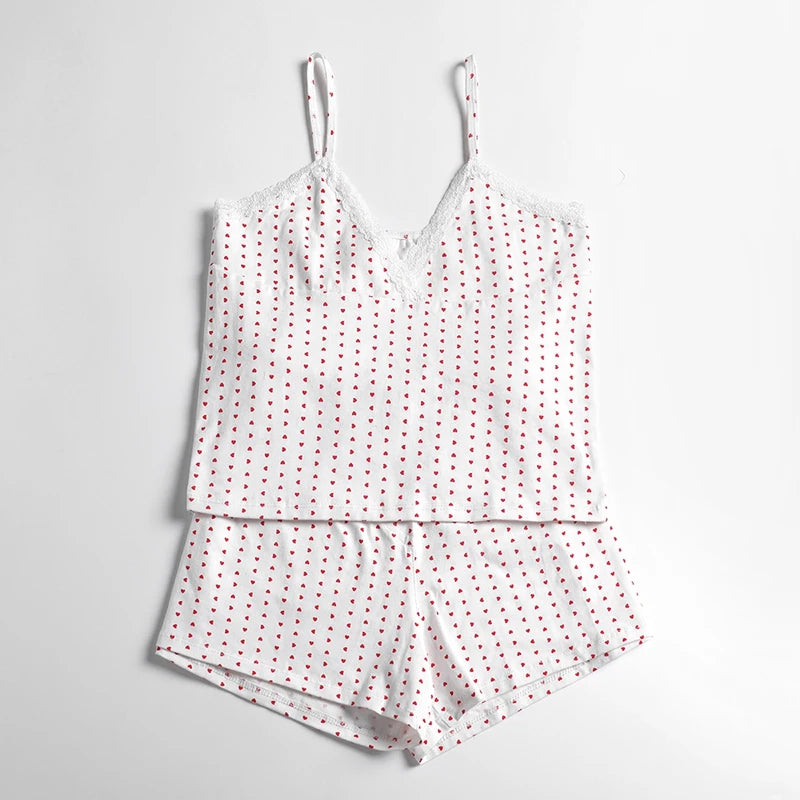 2 Piece Set Women Loungewear Cute Sweet Heart Lace Trim V Neck Cami Tops + Casual Shorts Sleeveless Crop Tops Pajamas Homewear voguable