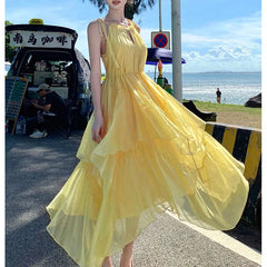 Voguable  Boho Yellow Tie Strap Maxi Dress for Women Ruffled Neck Keyhole High Low Hem Flowy Chiffon Dresses Summer Commute Beach Vacation voguable