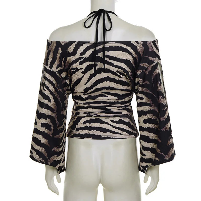 Voguable  Fashion Leopard Printing T-shirts Bead Halter Off Shouler V Neck Flare Sleeve Loose Fit Female Tie Up Sexy Ladies Tops Clothes voguable
