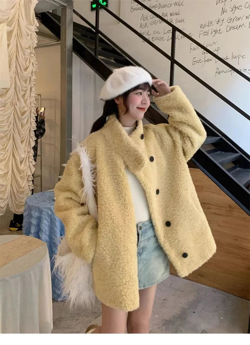 Japan Cute Faux Lamb Coat Women Loose Long Sleeve Winter Warm Retro Jacket Casual Stand Collar Preppy Style Pockets New Top voguable