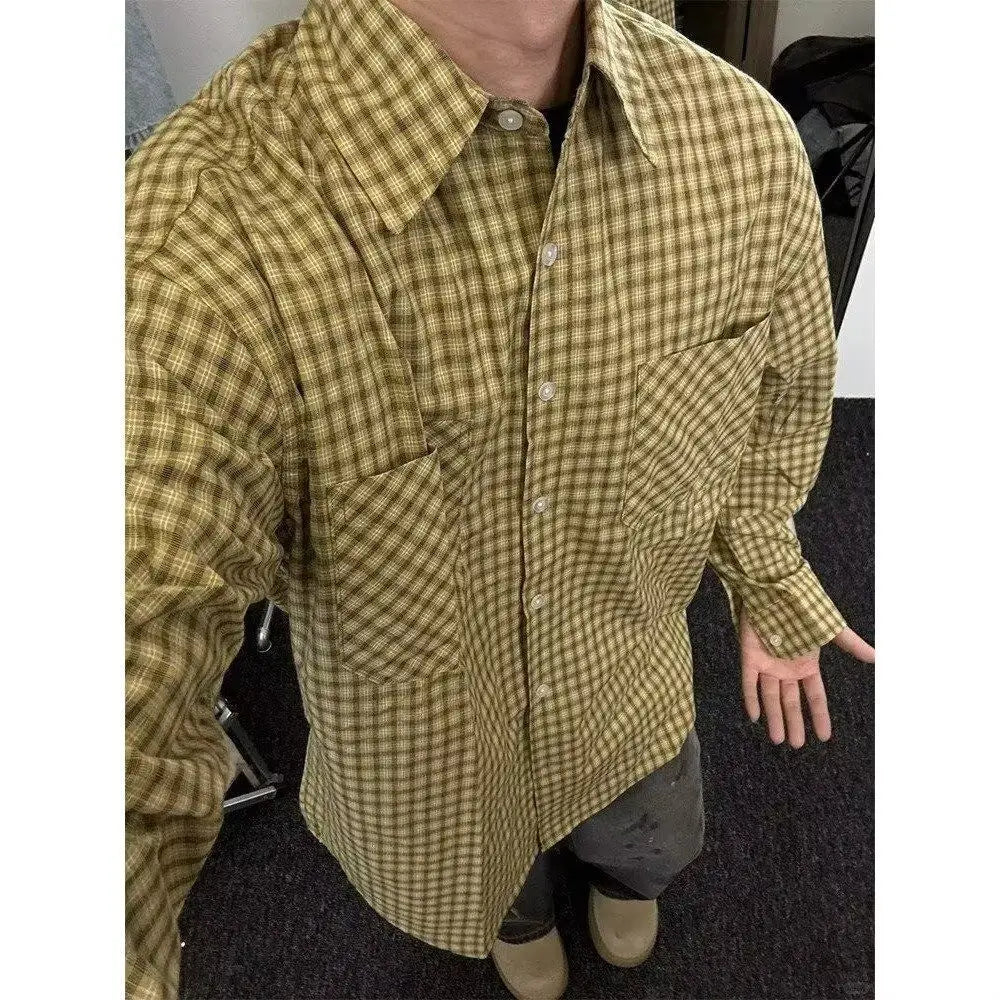 American Retro Yellow Plaid Shirt Men Women Spring and Autumn Korean Casual Loose Sun Protection Thin Couple Fashion Trend Shirt voguable