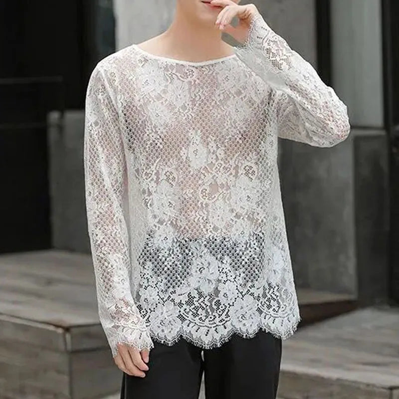 Voguable  Man Lace T-shirt New Hollow Long Sleeve Bottoming Shirt Fashion Casual High Street Solid Color Men's Wear voguable