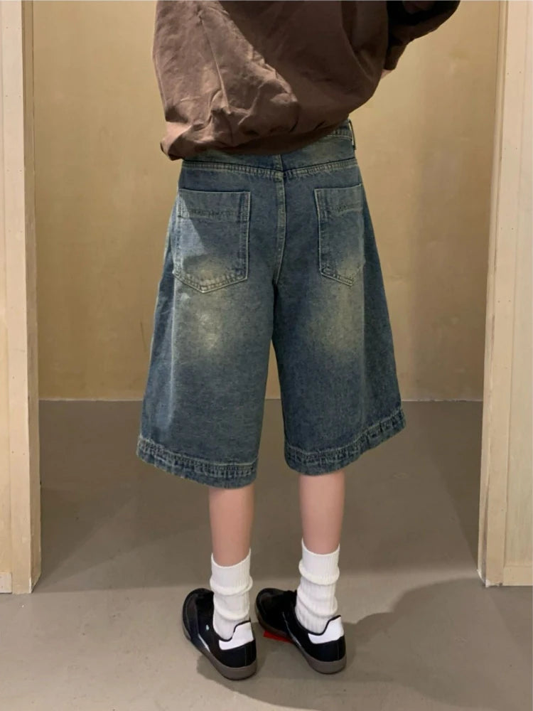 Voguable Y2k Vintage Baggy Shorts Women Wide Leg Knee Length Jeans Korean Streetwear Casual Oversize Washed Denim Shorts Summer voguable