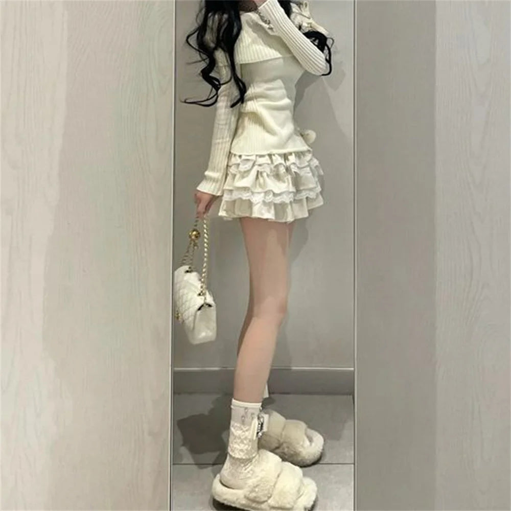 Voguable Autumn Winter Woman Kawaii Sweet 2 Piece Set Off Shoulder Bow Knitted Tops + Mini Cake Skirt Female Korean Fashion Casual Suits voguable
