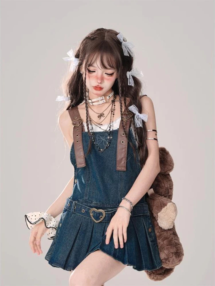 Voguable  2000s Vintage Denim Y2k Mini Dress Women  Elegant Jean Strap Dress Casual Streetwear Sleeveless Dress Korean Fashion Chic voguable