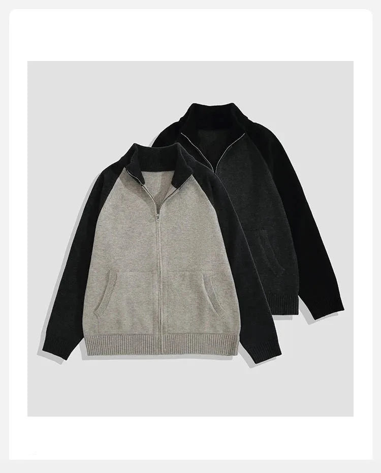 Autumn Men's Zipper Cardigan Jacket Casual Patchwork Stand Collar Long Sleeve Sweater Korean Premium Quality Knitted Outerwear voguable