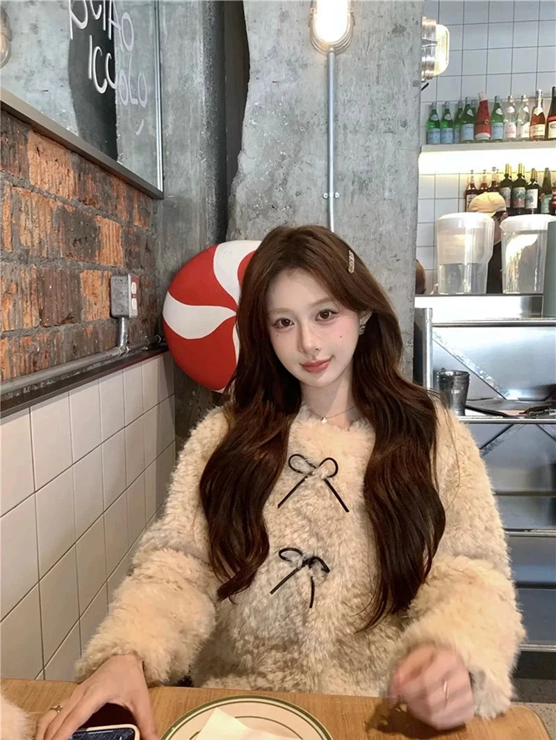 Cute Bow Faux Lamb Coat Women Sweet Winter Long Sleeve O Neck Jacket Slim Warm Korean Female Fashion Preppy Style Outwear Tops voguable