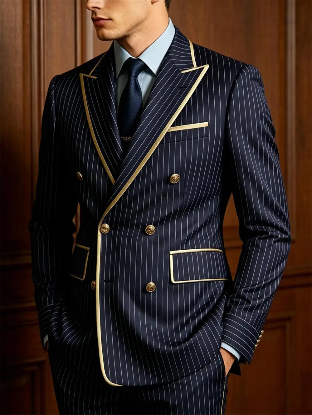 Voguable  Striped Slim Fit Men's 2-Piece Suit Set Double Breasted Jacket Business Casual Pants Formal Groom Wedding Dress Party Tuxedo voguable