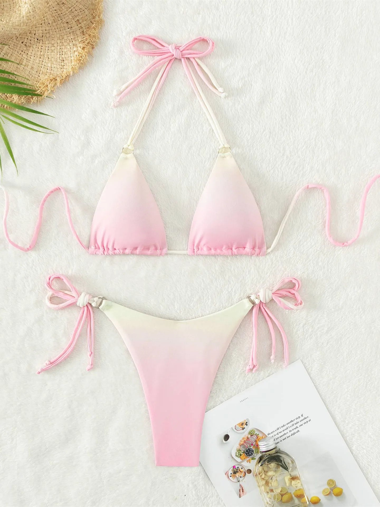 Voguable Sexy Micro Bikini 2024 Women Pink Gradient Push Up Bikinis Sets Biquini Ribbed Bathing Suit Tie Side Triangle Swimwear Beachwear voguable