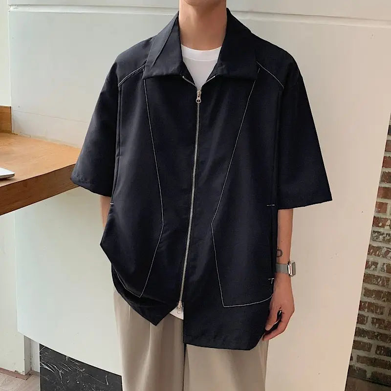 Voguable  Summer Bright Thread Splicing Short-sleeved Shirt for Men Double Zippered Cardigan voguable