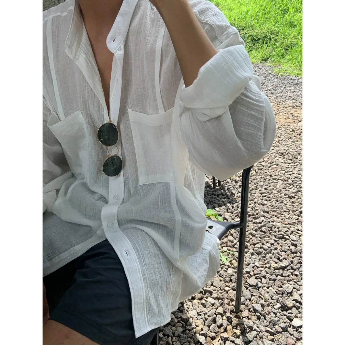 Voguable Beach Long Sleeve Linen Shirt, Men's Solid Color Loose, South Korea Popular Leisure Linen Shirt, Travel & Outdoor Wear voguable