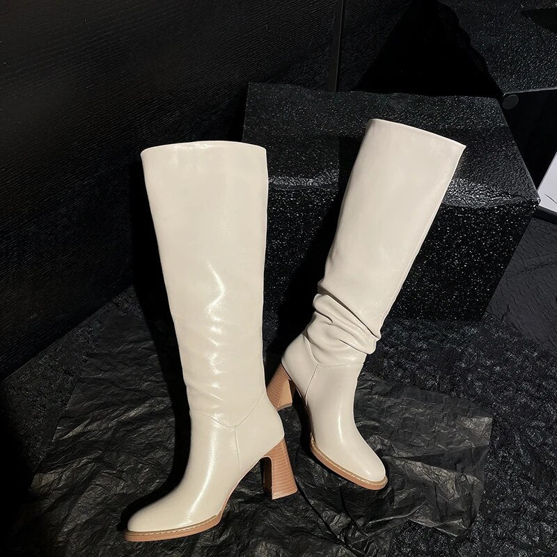 Fashion Women Knee High Boots Square Toe Split Leather Long Boots High Heels Casual Shoes Woman Autumn Winter Size 34-42 voguable