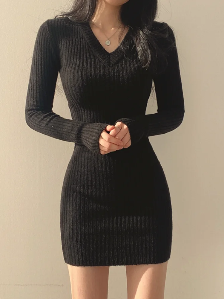 Voguable Casual Women Sweater Dress Fall V Neck Pullover Knitted Mini Dress Long Sleeve Elastic High Waist Female Jumper Dress voguable