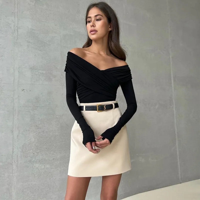 Red Sexy Off Shoulder Women's Bodysuits Fashion Crossed Folds Skinny Rompers Long Sleeve Fashion Streetwear Autumn Bodysuits New voguable