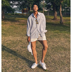 Voguable Men's Blue Vertical Striped Long-Sleeved Shirt, Korean Style High Quality Casual  Shirt Coat voguable